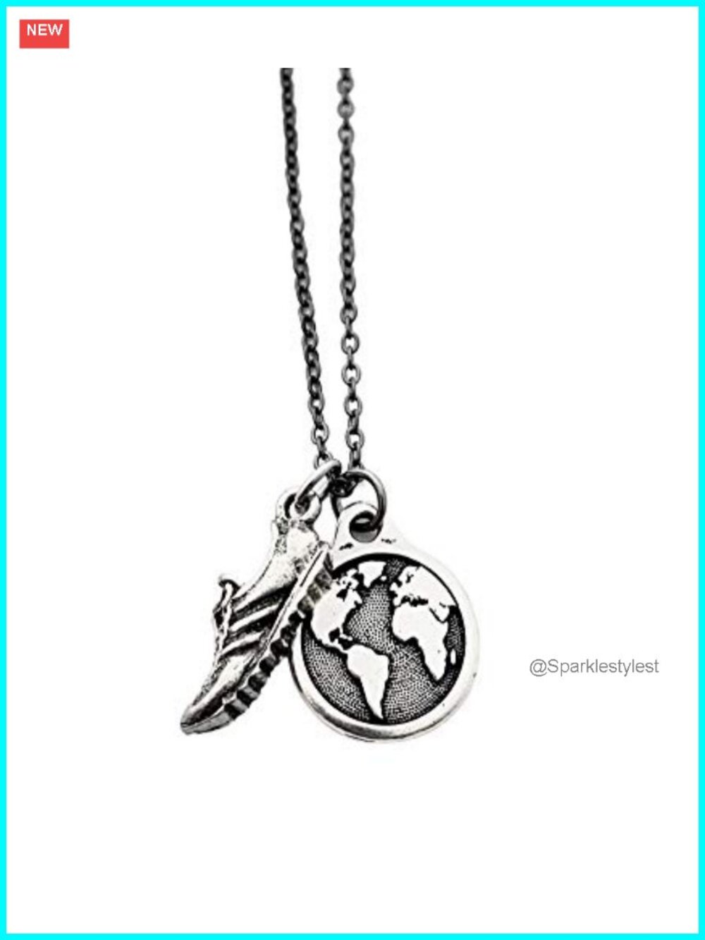 Pewter Running Shoe & Earth Pendant Necklace on 18 inch Gunmetal Chain